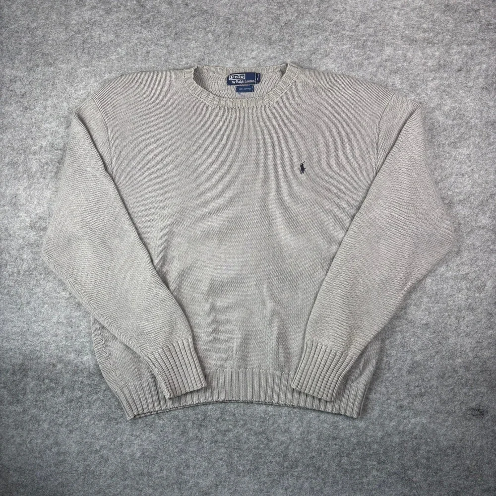 Vintage Polo Ralph Lauren Crewneck Sweater Grey Cotton Knit Pony Logo XL
